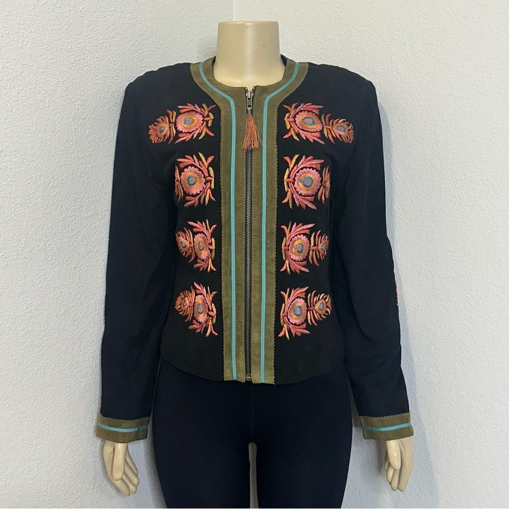 Double D Ranch Ladies Sz Small Western‎ Floral Embroidered Suede Leather Jacket